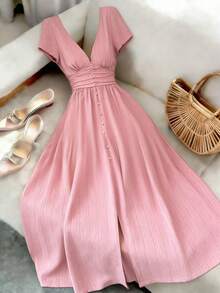 Elenzga Women's Elegant Solid Color Backless Mid-Length Dress - Pink - View 1