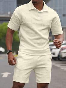 Manfinity Homme 男士夏季休閒純色短袖 Polo 衫與短褲套裝（不對稱）兩件套 2 套男裝 S 號同套穿搭 - 杏色 - 查看 3