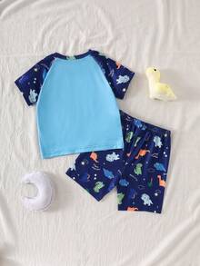 2-Piece Baby Boys Pajamas Set,Navy And White Cartoon Dinosaur Print Summer Shorts & Raglan Short Sleeve Loungewear,Soft Knit Cute Nightwear For Work - Blue - View 2
