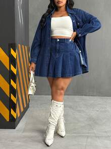 Slaydiva Plus Size Summer Casual Pleated Denim Skirt - Dark Wash - View 6