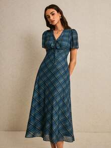 Poéselle Summer Casual Plaid Tie Collar Cinched Waist Dress Blue Midi Dress Womens Plaid Dress Plaid Dress Women Tie Front Dress French Style Dress - Gray Blue - View 7