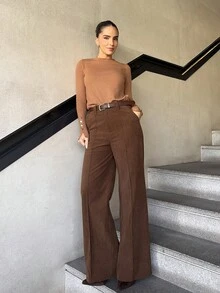 Marta Soriano Quần nhung kẻ nâu dành cho nữ với thiết kế chi tiết, thắt lưng cổ điển, phù hợp để đi làm, đi làm và mặc thường ngày, mùa thu/đông - màu nâu - Xem 1