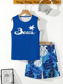 Teen Boy Letter & Palm Tree Print Top And Shorts Casual Daily Outfit - Multicolor - View 2