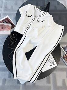 GlowEve Women's Summer Sporty Casual Contrast Color Webbing Multifunctional Fashion High-End Sports Set, 2 Pieces - White - View 1