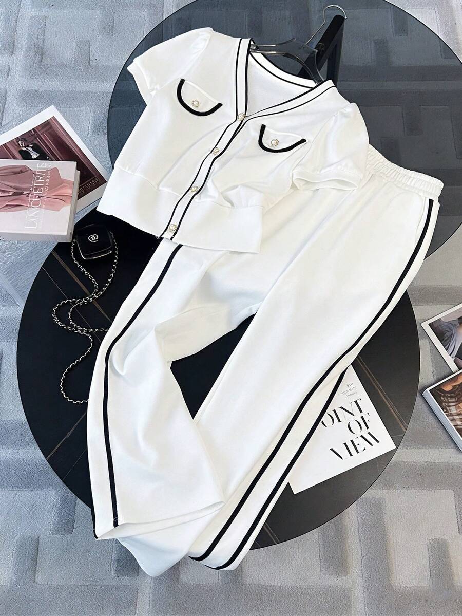 GlowEve Women's Summer Sporty Casual Contrast Color Webbing Multifunctional Fashion High-End Sports Set, 2 Pieces - White - View 1