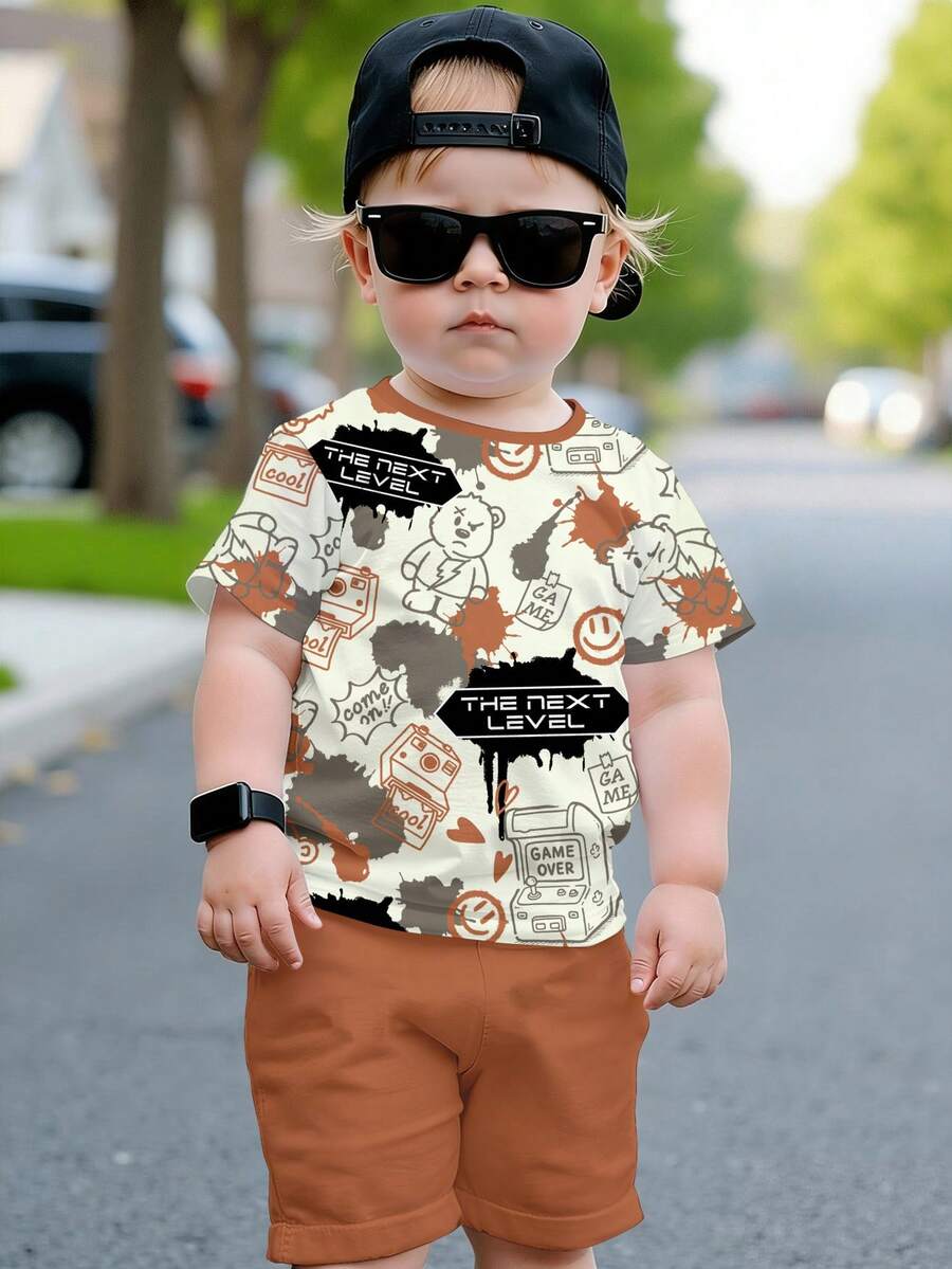 SHEIN Conjunto de camiseta casual minimalista para niño, adecuado para el verano, con estampado clásico de oso - Multicolor - Ver 1
