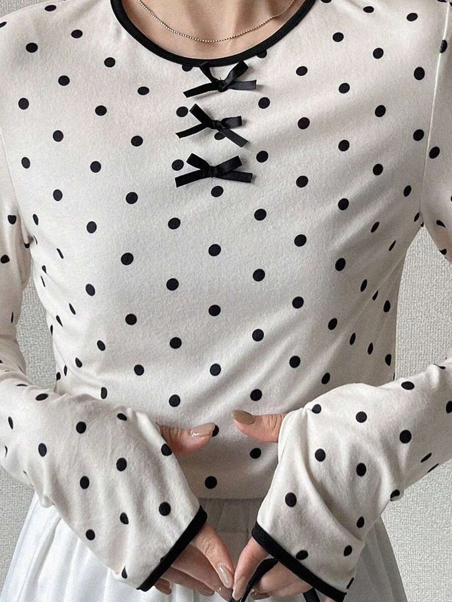 FRIFUL 女士圆领植绒波点修身撞色滚边T恤 夏季 - 杏色 - 查看 1