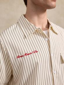 Courvante Men's Striped Short Sleeve Single-Breasted Casual Pocket Cream Button Up Bowling Work Shirt Pinstripe, Woven Fabric Collar White, Daily Commute - White - View 6
