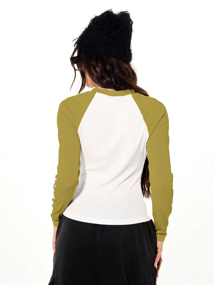 SUMWON WOMEN Women Raglan Sleeve Graphic Long Sleeve Top With East Coast Print And Contrast Sleeves