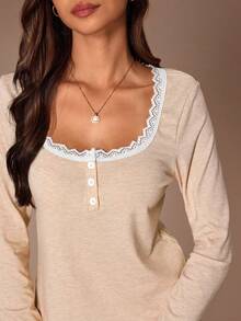 Lazeform 女士粉色蕾丝边方领针织长袖睡衣套装 - 杏色 - 查看 6