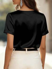 EMERY ROSE Women's Fashion Solid Color V-Neck Short Sleeve Satin T-Shirt - Black - View 2