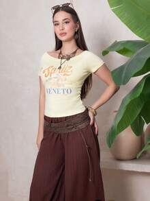 Duda Rubert 女式夏季修身不对称肩部 T 恤，鸡尾酒橙色意大利海滩 VENETO 基本款露肩上衣 - 黃色 - 查看 3