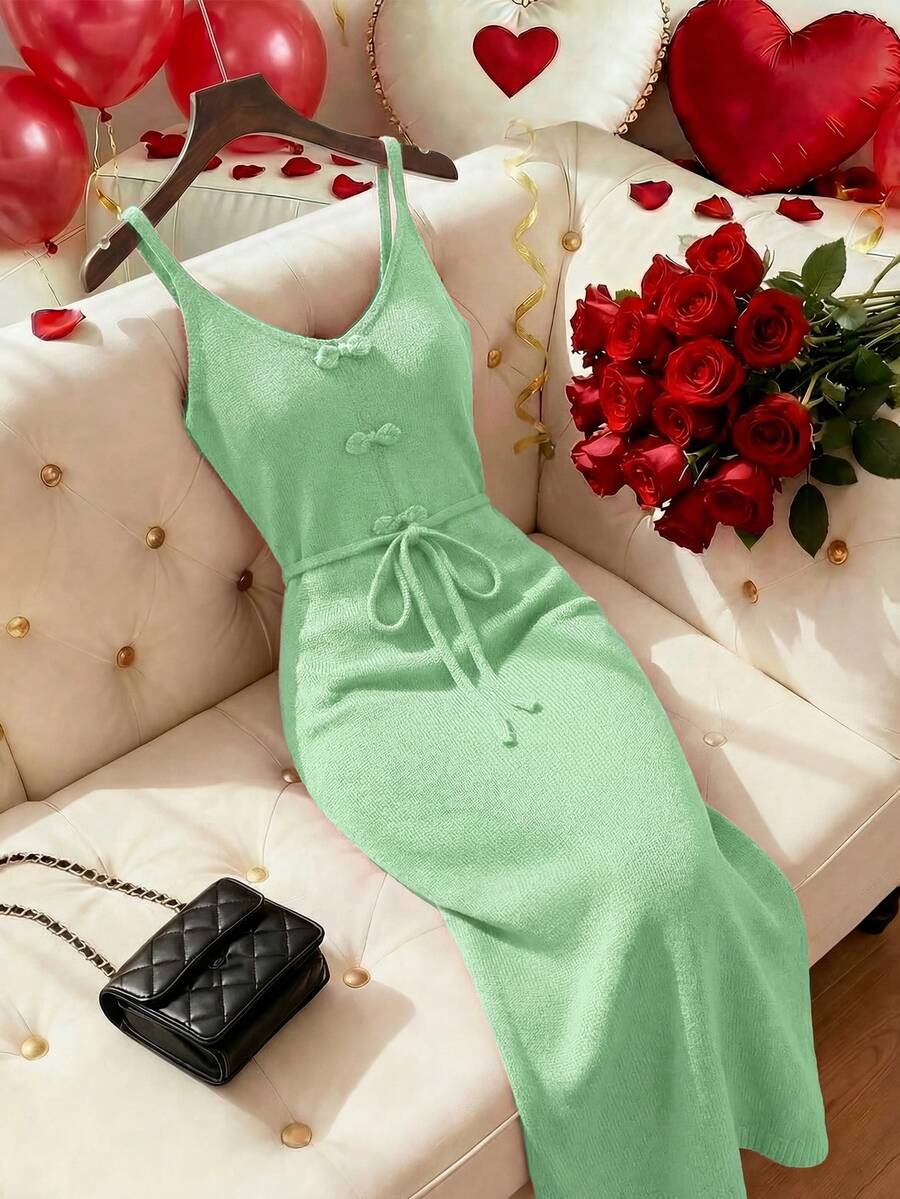 Franclia Neues Vintage elegantes modisches Kleid mit V-Ausschnitt und Kamisol, mit chinesisch inspiriertem Knopf an der Taille und Kordelzug für eine schlanke Silhouette, langes Strickkleid für den Frühling - Minzgrün - Übersicht 1