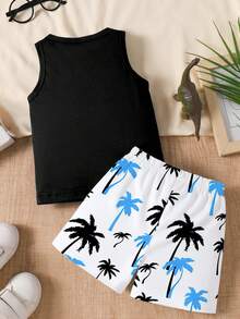 SHEIN Playful Pals 2pcs/Set Baby Boy Outfit, Fashionable Minimalist Sunglasses, Letter Print Tank Top, Palm Tree Print Shorts, Suitable For Summer Outings - Multicolor - View 2