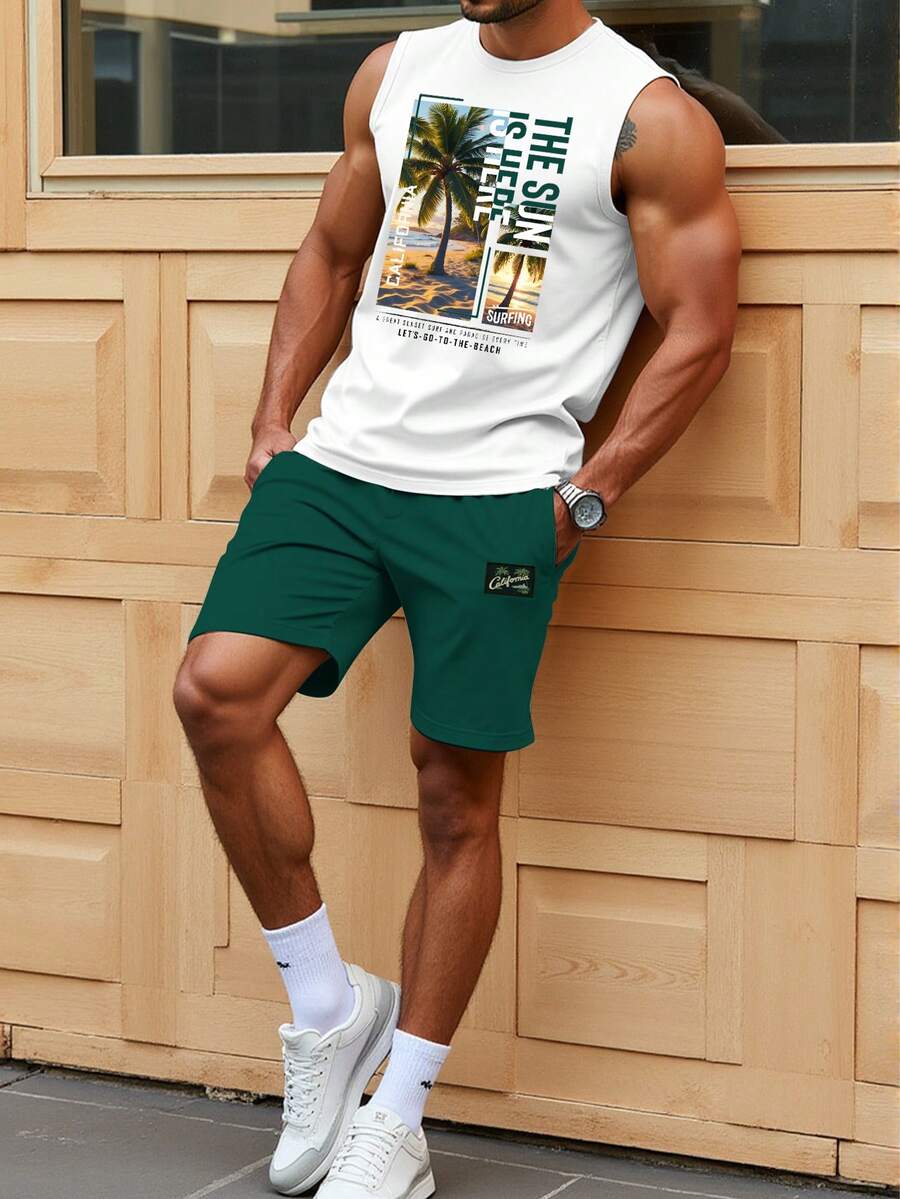 Manfinity RSRT Bộ áo ba lỗ và quần short in họa tiết nhiệt đới dành cho nam. - Màu xanh lá cây đậm - Xem 1