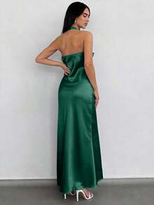 EURMUSE Vestido De Diseño Sólido Sin Mangas De Cuello Cuadrado, Con Cintura Ceñida Y Correa Para El Cuello - Verde - Ver 2