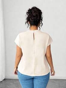 Elenzga Plus Size Women's Elegant Black Poplin Solid Color Shirt, Spring/Summer - Apricot - View 2