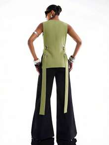 LYSMO 2026新款简约时尚绿色无袖双层金属镂空性感开衩露背背心，夏季女装，春季度假，派对服饰 - 綠色 - 查看 2