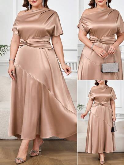 SHEIN Clasi 大码女式纯色不对称领短袖扭腰优雅连衣裙