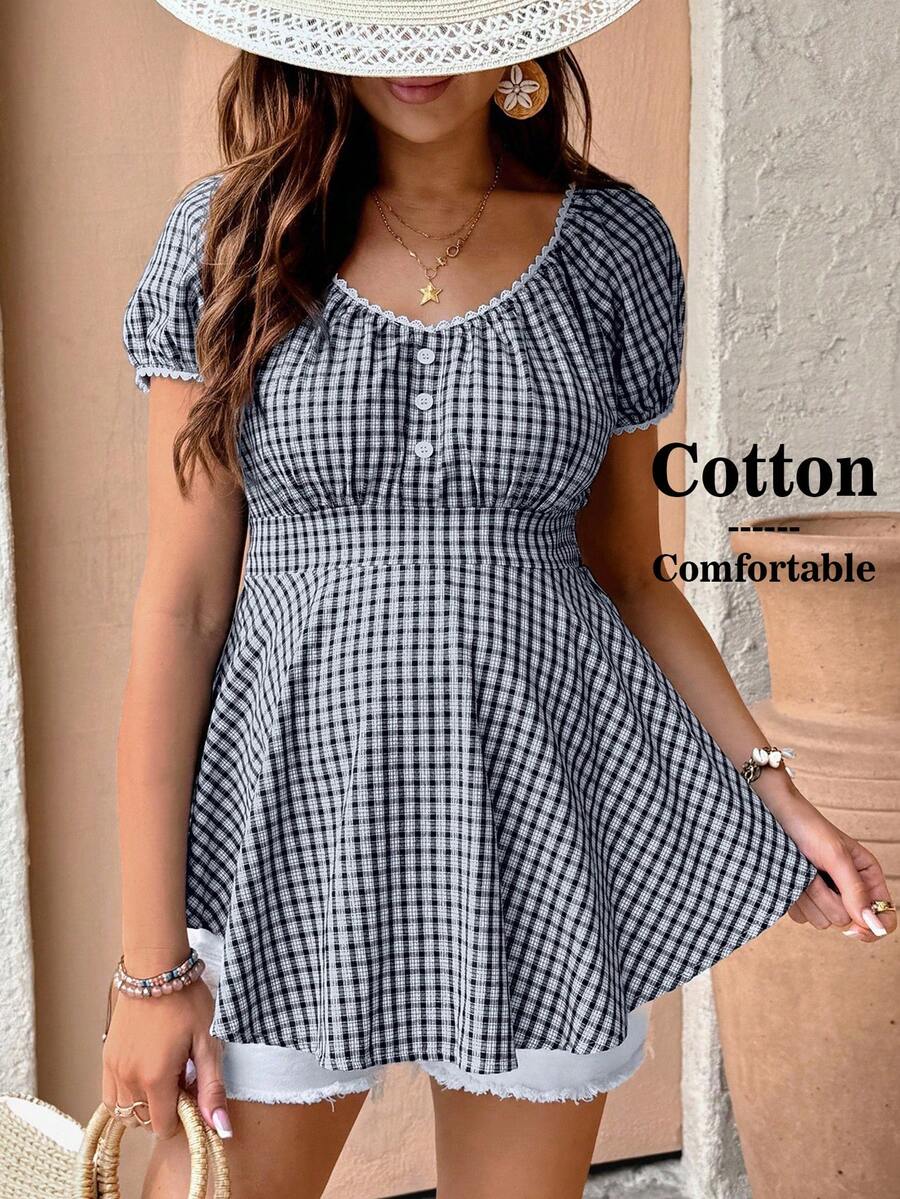 SHEIN Camisa de maternidad a cuadros con pliegues, versátil y casual para uso diario - Azul - Ver 1