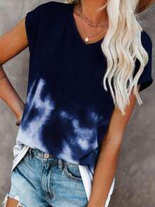 EMERY ROSE 女士扎染V领休闲百搭日常穿搭T恤 - 藏蓝色 - 查看 3