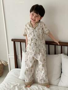 DAZY 男童卡通熊波点印花短袖纽扣上衣和裤子睡衣套装 - 卡其色 - 查看 6