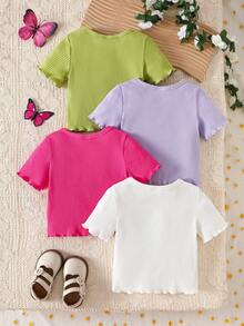 SHEIN 4pcs Baby Girl Casual Versatile Cute Embroidered Short Sleeve Tops - Hot Pink - View 2