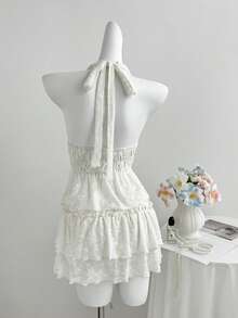 Elamini Women's Halter Neck Tie Knit Textured Top And Mini Frill Trim Skirt 2-Piece Set - Apricot - View 2