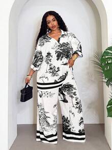 Veslaya 2026 Spring/Summer Plus Size Women's Music Festival, Easter, Western, Nomadic, Birthday Party, Graduation, College, Student, Daily Casual, Basic, Vacation, Cruise, Beach, Sunbathing, Viral, Streetwear, Wedding Guest, Commute, Brunch, Airport, Party, Holiday, Elegant Gala, Ball, Relaxed V-Neck Printed Short Sleeve Top And Wide Leg Pants 2-Piece Set - Multicolor - View 4