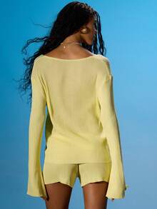 MUSERA Áo dệt kim dài tay cổ chữ V khoét sâu, buộc dây phía trước, họa tiết hoa, thích hợp mặc đi chơi mùa hè, đi biển, nghỉ mát, câu lạc bộ Ibiza, Tropical Fever. - Vàng nhạt - Xem 4