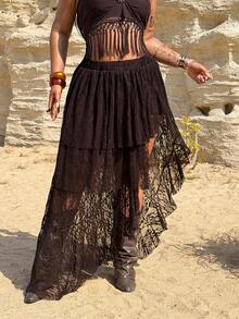 Rustia Plus Size Women Elastic Waist Lace Patchwork High Slit Layered Ruffle Skirt - Coffee Brown - View 5