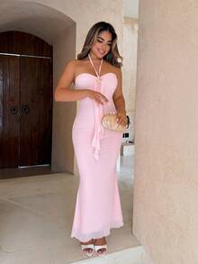 Maria Perezxox 女士度假蓝色针织网纱浪漫修身露背系带金属扣装饰鱼尾连衣裙，适合派对、圣诞节、约会、夜店、波西米亚风、度假、秋季等场合。 - 粉色 - 查看 5