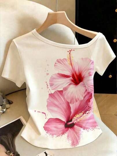 Resyla Plus Size Women Floral Print Asymmetrical Shoulder Short Sleeve Casual T-Shirt