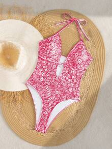 Swim Mod 2026新款女士夏季沙滩度假蓝白图案印花吊带露背性感高衩连体泳衣 - 粉色 - 查看 6