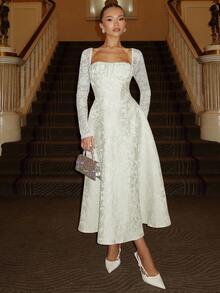 Glamine Charm Đầm midi dài tay cổ vuông xẻ sâu gợi cảm phối ren, kiểu dáng cung đình sang trọng, phù hợp cho dạ hội, hẹn hò, tiệc khiêu vũ, lễ tốt nghiệp, đầm mùa thu cho phái nữ, đầm dự tiệc thanh lịch. - trắng - Xem 1