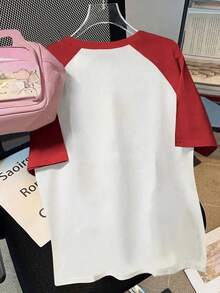 EMERY ROSE Camiseta casual de mujer con estampado de gato de dibujos animados y mangas raglán de color contrastante - Rojo - Ver 2