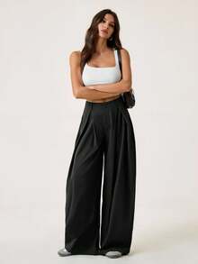 SHEIN Tall 女士夏季复古休闲嬉皮街头风宽松军绿色裤子 - 黑色 - 查看 2