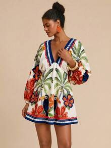 Travachic V-Neck Long Sleeve Printed Mini Dress For Women, Vacation - Multicolor - View 6