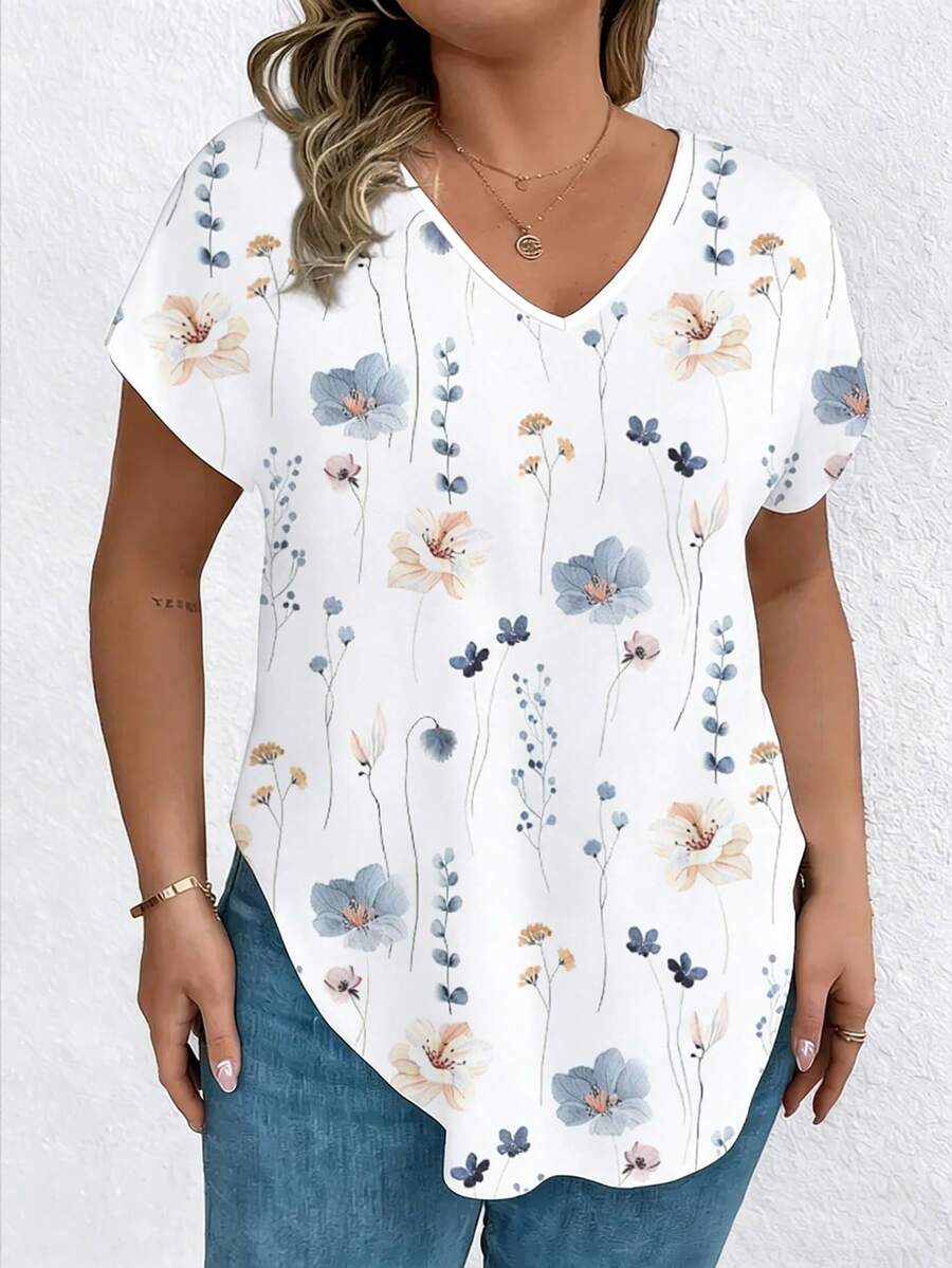 EMERY ROSE Plus Size Women V-Neck Floral Print Casual Versatile Daily Wear Short Sleeve T-Shirt - Multicolor - View 1