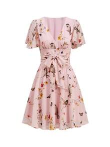 Ellevyn Đầm ngắn dáng chữ A thanh lịch dành cho nữ, cổ chữ V, in hoa, tay bồng, thắt eo, đính cúc, thích hợp cho kỳ nghỉ, đi làm, hẹn hò, đi chơi, dự đám cưới, dạ hội. - Nhiều màu - Xem 6