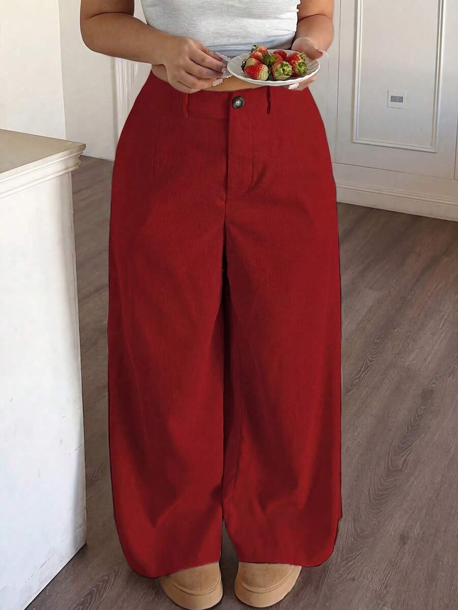 SHEIN PETITE CURVE Pantalones sólidos, casuales, holgados y cómodos - Rojo - Ver 1