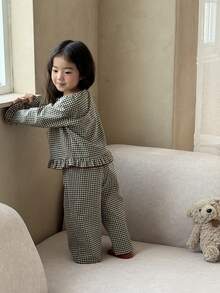 DAZY 2 pièces Ensemble de chemise et pantalon d'intérieur pour bébé fille, style coréen, col rond, carreaux, confortable - Noir et Blanc - Voir 8