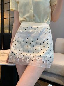 DAZY 女士米色波点网纱拼接高腰提花蕾丝迷你裙，适合娇小身材 - 黑與白 - 查看 6
