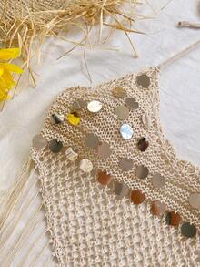 Soleia Áo hai dây dệt kim cổ buộc dây, phối sequin, tua rua, viền tua rua, gợi cảm dành cho nữ, thích hợp cho kỳ nghỉ biển. - Màu be - Xem 4