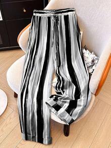 Linhara Plus Size Women Vintage Striped Print Wide Leg Pants, Relaxed Fit Lightweight Spring/Summer Trousers - Multicolor - View 8