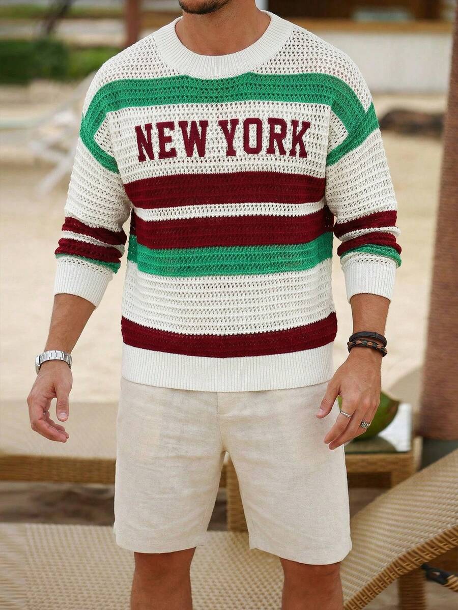 Manfinity Homme Men's Colorblock Crew Neck Long Sleeve Sweater, Holiday - White - View 1