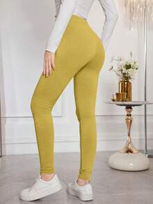 Modelyn 纯色抽绳修身舒适高弹打底裤 - 芥末黃 - 查看 2