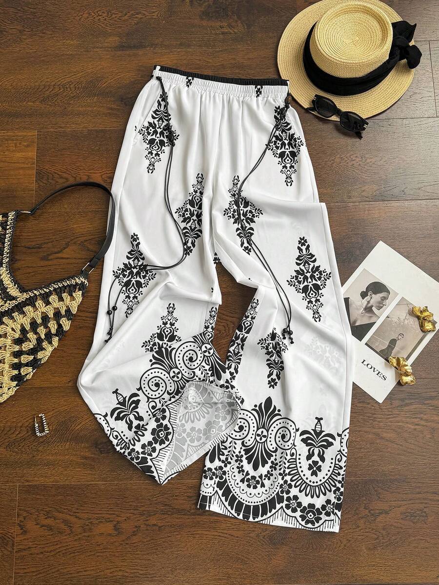 Sweetra Women's Spring/Summer New Design Sense High Street Retro Sexy Slim Fit Ruffled Elegant Vacation Versatile Comfortable Printed Long Pants - White - View 1