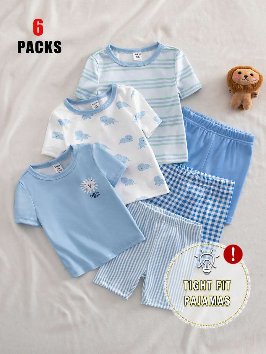 6 Stücke Baby Jungen Frühling/Sommer Gestrickt Rundhals Elefanten Muster Süße Tier Zoo Gestreift Retro Karomuster Blau Kurzarm T-Shirt und Shorts Lässig Outfit, Schlafanzug Hausanzug Set - Verschiedenfarbig - Übersicht 1