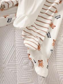 SHEIN 新生儿可爱休闲黄色小熊、粉色小猫、白色兔子连体裤，女宝宝套装 - 棕色 - 查看 4